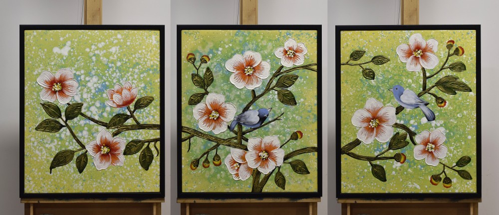纯手绘创意立体肌理装饰油画三联画《桃花与鸟》