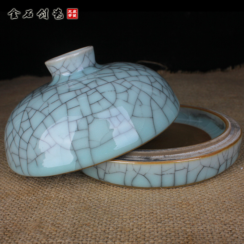 11cm盖碗印泥盒龙泉青瓷粉青开片金丝铁线可定制印泥瓷缸文房瓷器