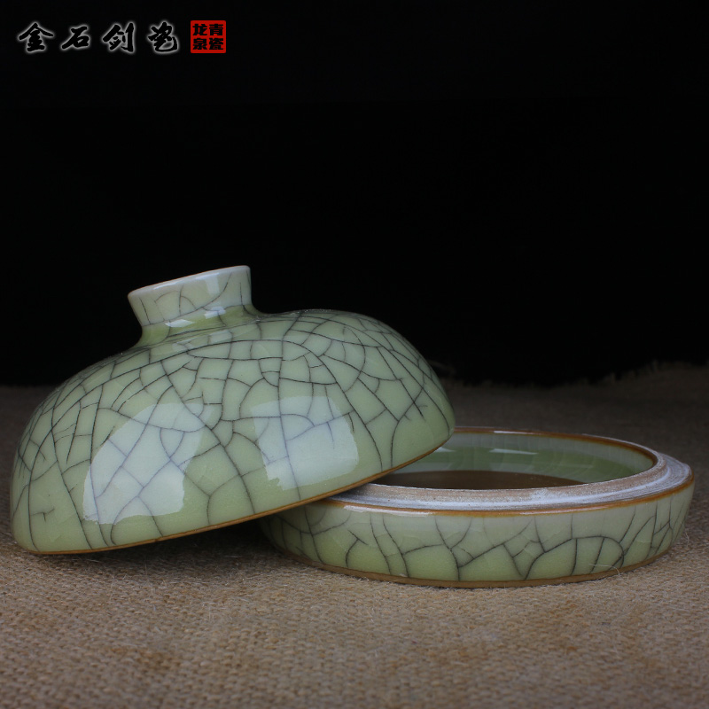 11cm米黄开片盖碗印泥盒龙泉青瓷金丝铁线可定制印泥瓷缸文房瓷器