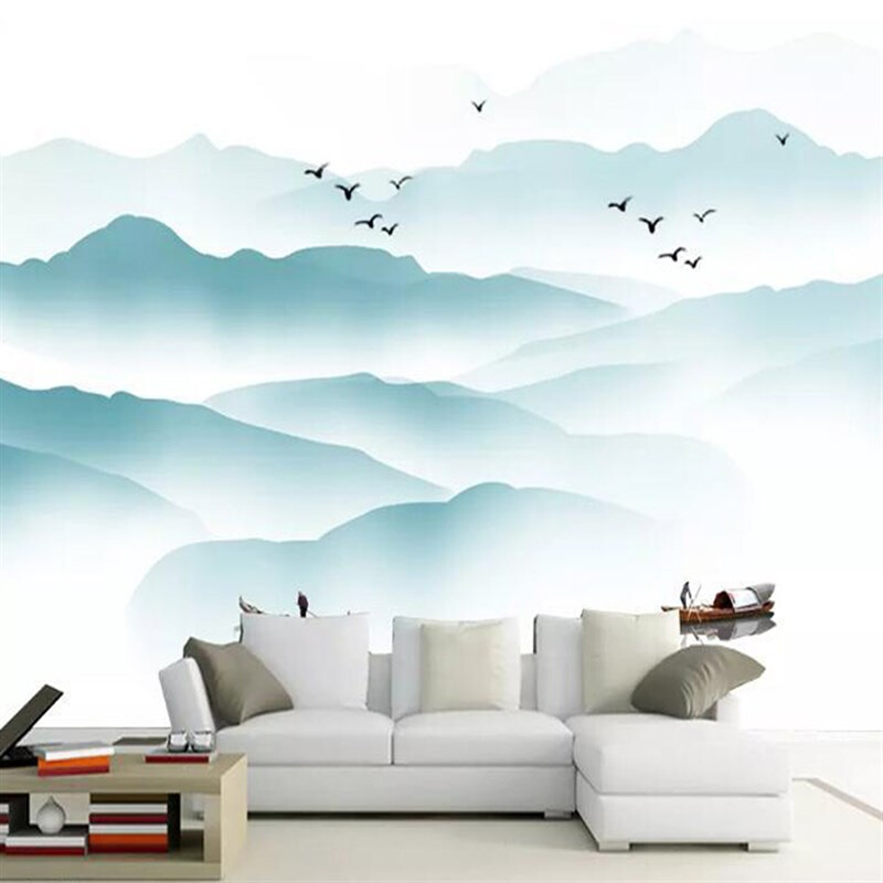8D客厅抽象水墨墙纸中式山水风景壁纸卧室大气沙发背景墙壁画墙布