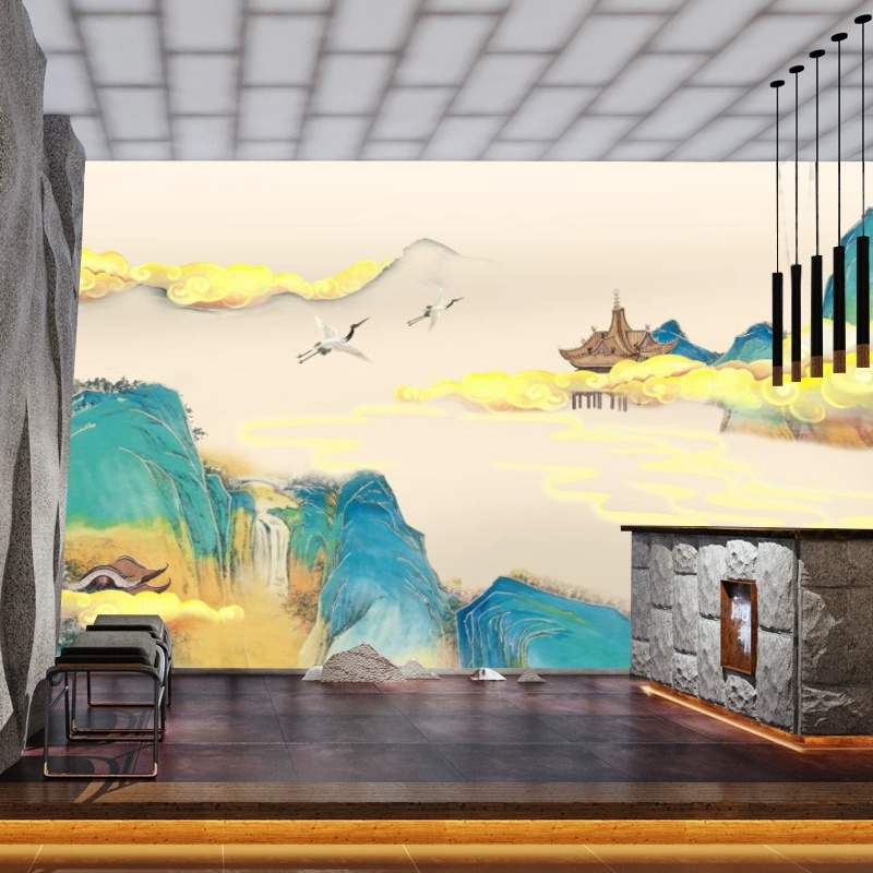 新中式轻奢客厅沙发电视背景墙风景仙鹤壁纸酒店包间墙布大气壁画