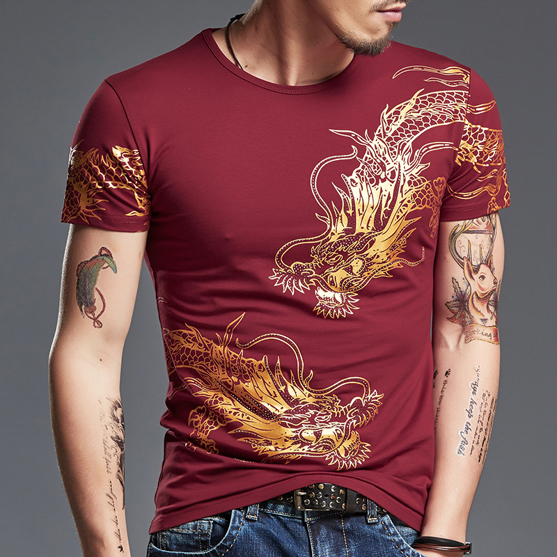 夏季新款个性短袖t恤男装霸气龙纹图案中国风印花半袖纹身上衣服