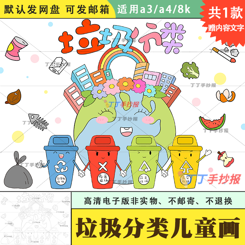 垃圾分类儿童画主题绘画电子版a3a4保护环境绿色生态绘画半成品8k