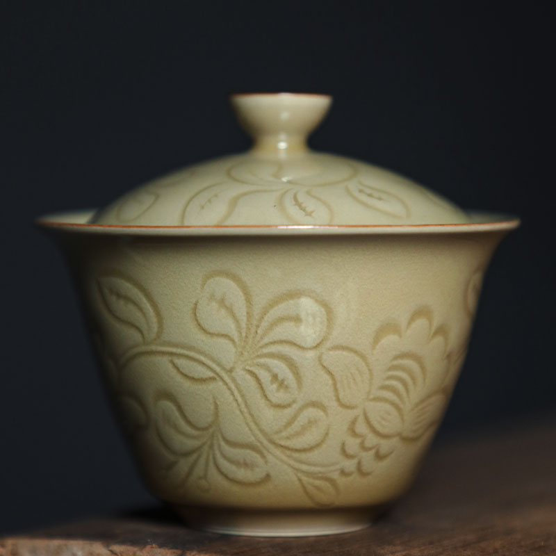 越窑秘釉暗刻茶花紫金盖碗陶瓷单个高端三才茶碗家用不烫手抓碗