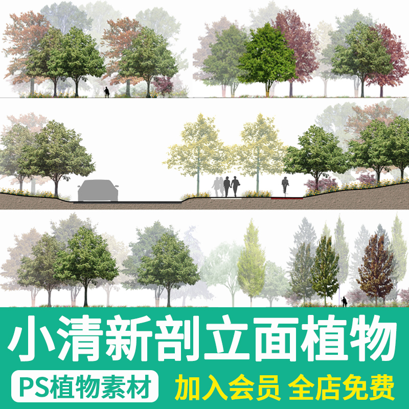 景观小清新树木psd植物PS立面剖面分析效果图海绵城市规划素材库