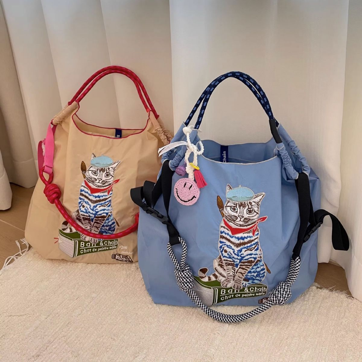 ballchain日系画家猫刺绣购物袋大容量尼龙环保袋手提单肩斜挎包