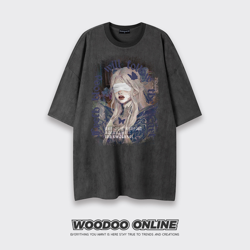 蒙面少女 WOODOO 设计师品牌 美式复古人物印花图案 男女短袖T恤