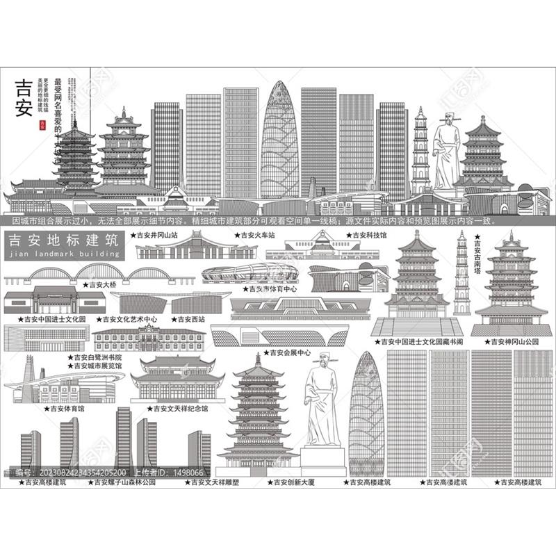 D587江西吉安AI矢量地标旅游建筑海报设计线稿城市剪影手绘插画