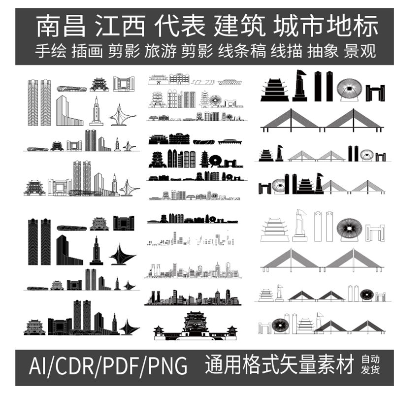 南昌江西城市建筑天际地标线条描稿剪影景观设计素材旅游手绘插画