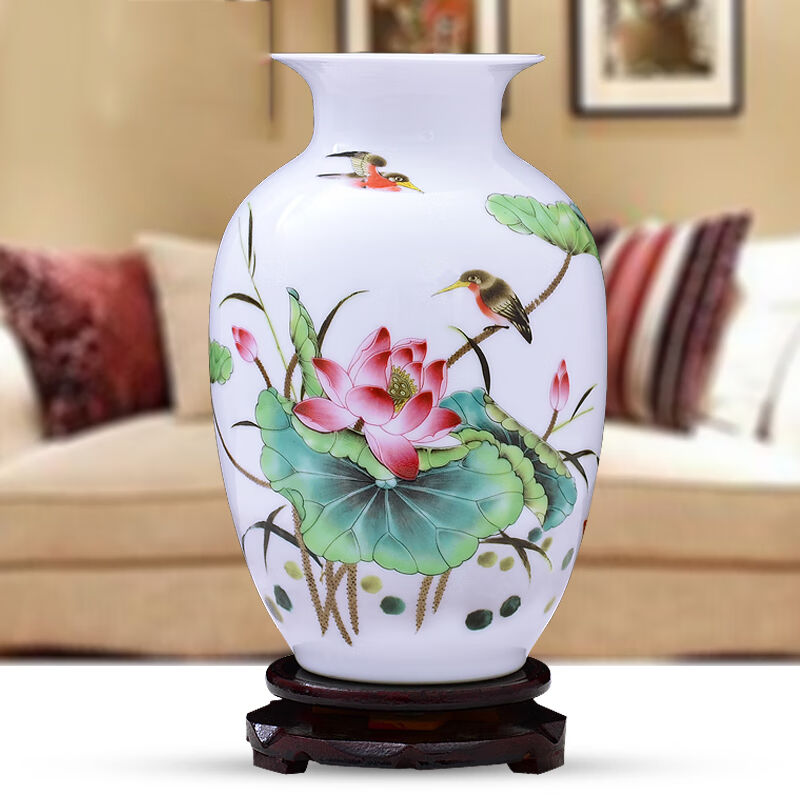 陶瓷器摆件花瓶中式摆件插花器白色小瓷瓶酒柜家居客厅福寿图+底