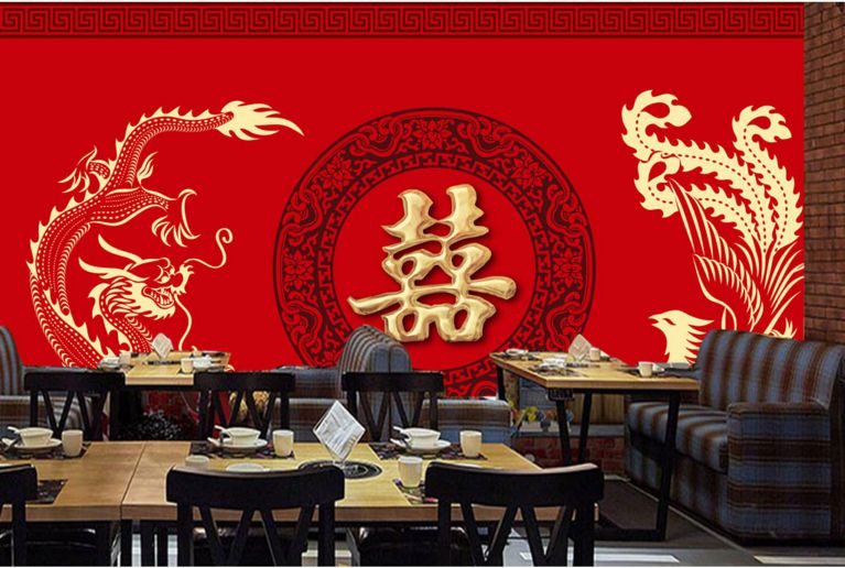 红色喜庆传统中式婚礼拜堂背景墙壁画中式传统婚礼婚庆喜字墙纸