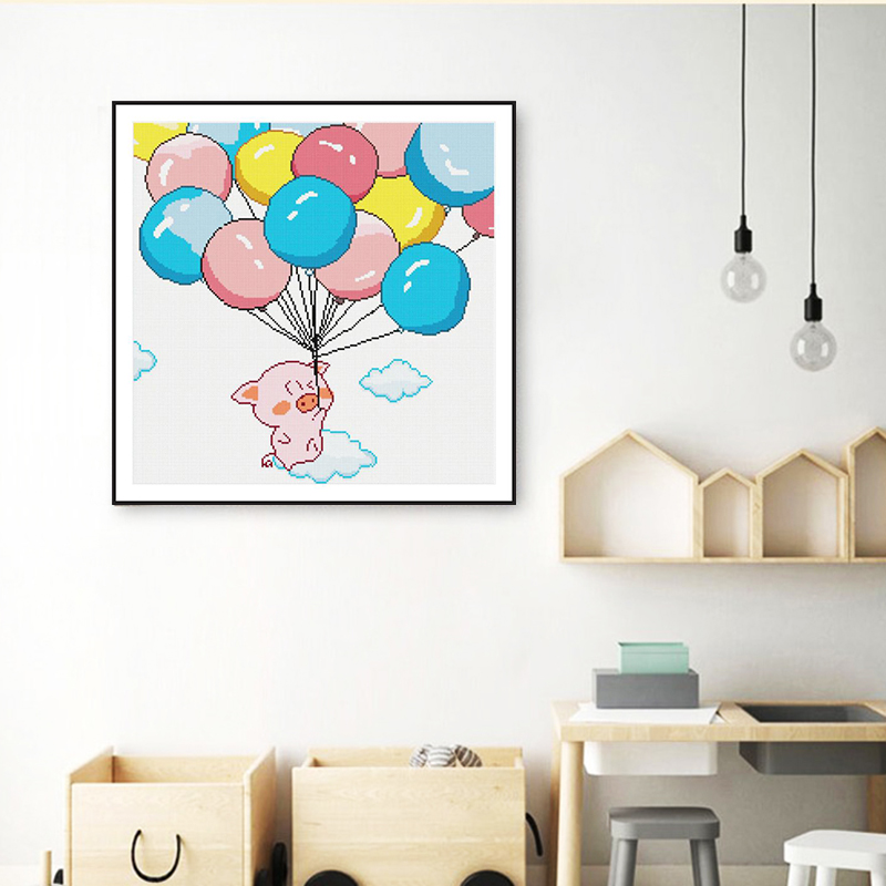 可爱气球小猪钻石画2023年新款学生手工点钻贴画卧室挂画初学易做