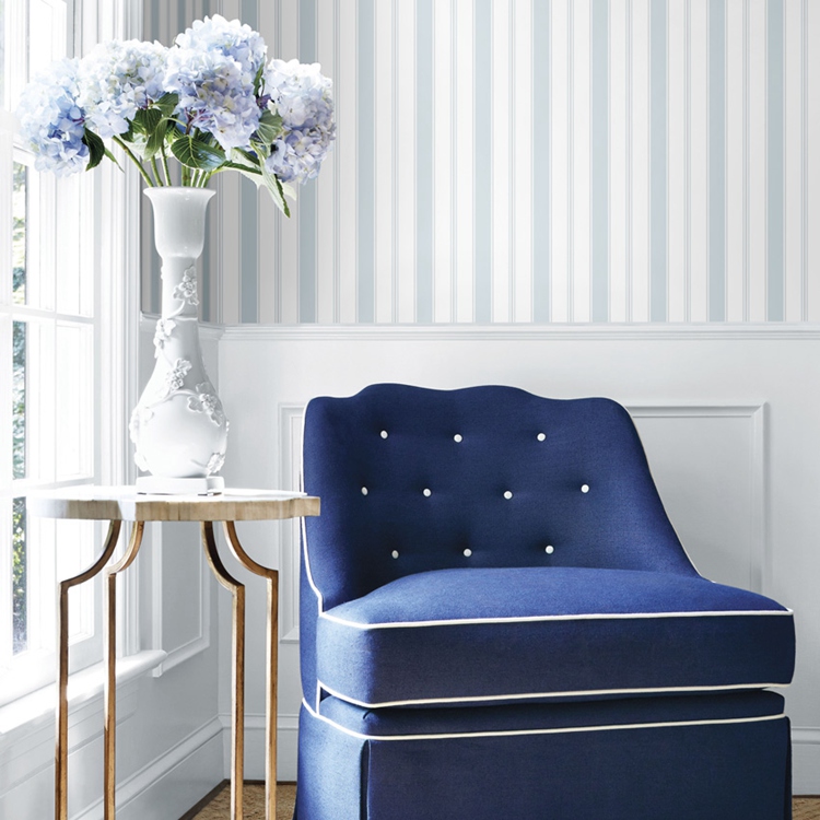 现货 进口无纺北欧简约美式清爽蓝色竖条纹墙纸客厅卧室走廊壁纸