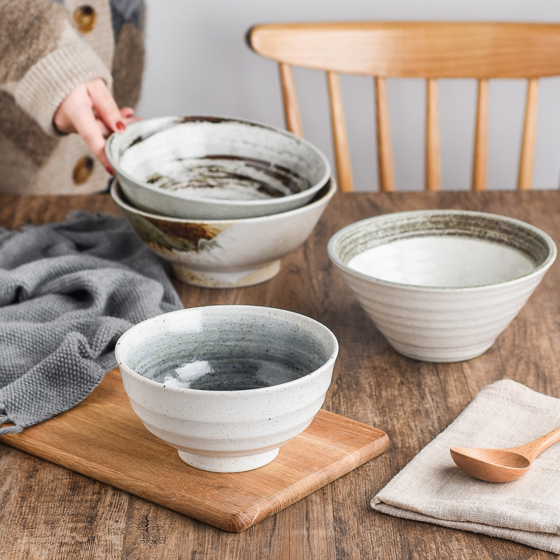 日本进口家用陶瓷具日式和风米饭碗复古手绘粗陶面碗汤碗拉面碗