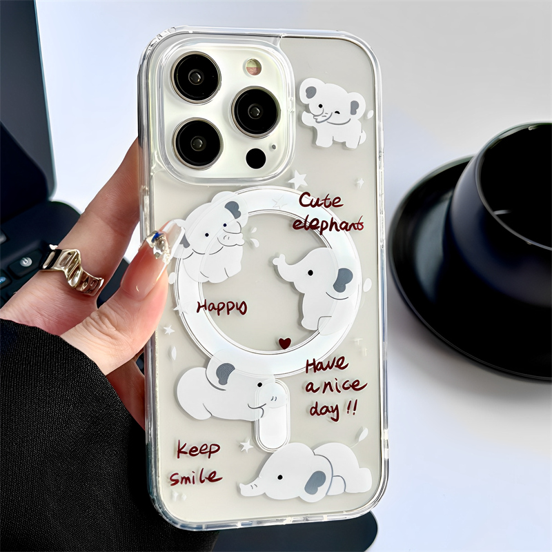 奶灰色小象磁吸适用iphone14pro苹果15手机壳11支架12pro创意13promax透明全包防摔保护套简约风可爱卡通女款
