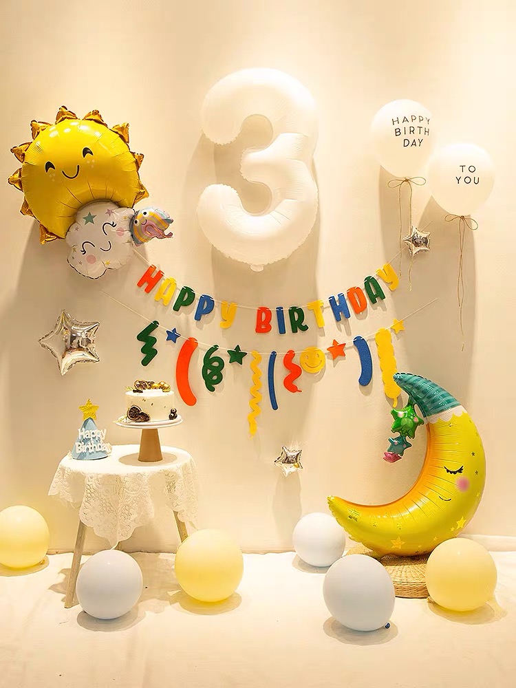 黄蓝儿童生日场景布置套餐五岁男孩白色数字气球定制名字武汉发货