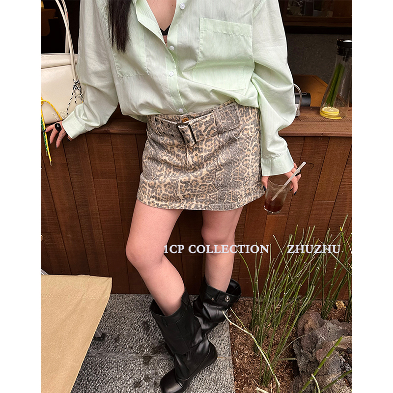1CP 设计感复古做旧豹纹半身裙女2024夏季新款性感时髦A字短裤裙