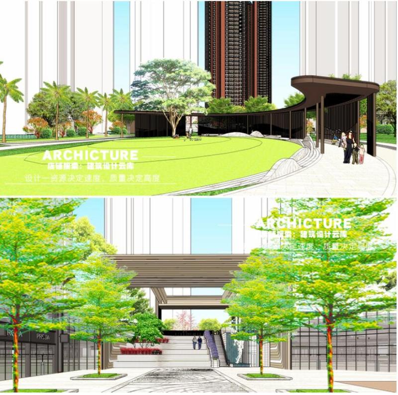 新中式风格住宅小区大门入口景观庭院规划设计su模型