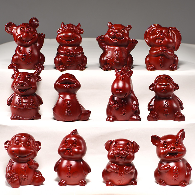 红色木雕十二生肖摆件全套实木质鼠牛虎兔龙蛇马羊猴鸡狗猪工艺品