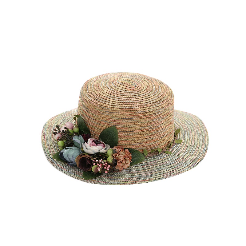 平顶帽子休闲h遮阳帽可折叠沙滩帽花朵纸草帽包邮优雅出游帽小沿