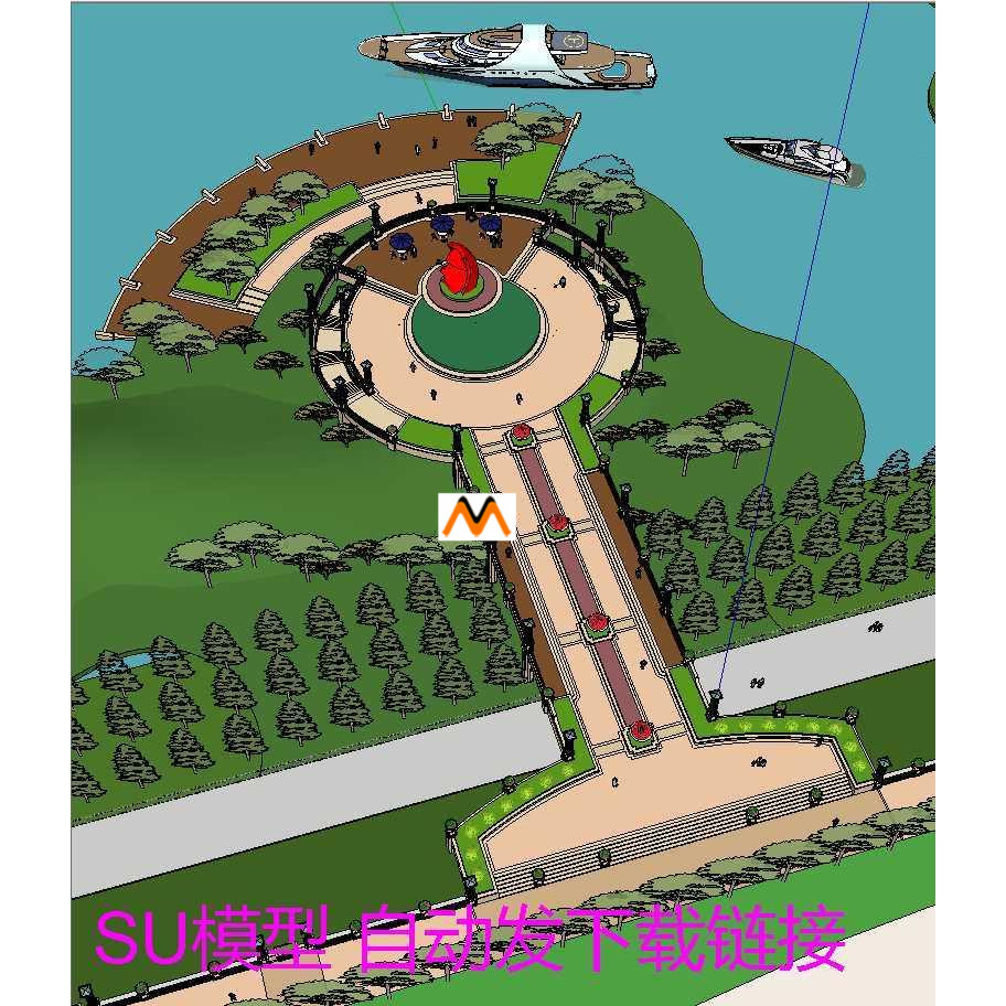 Z306湿地公园湖滨海滨园林绿化景观油艇码头圆形广场设计SU模型图