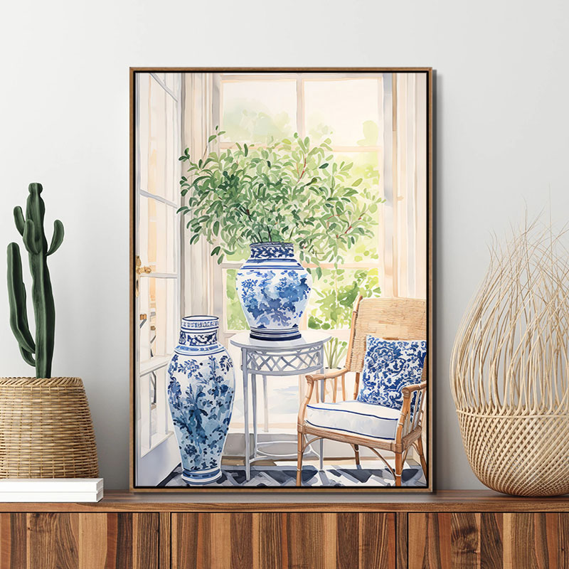 新中式青花瓷装饰画中国风花瓶植物艺术壁画家居沙发玄关防水墙画