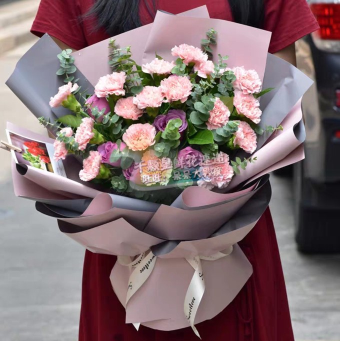 粉色康乃馨 紫色玫瑰混搭花束 韩式鲜花同城鲜花速递同城北京生日
