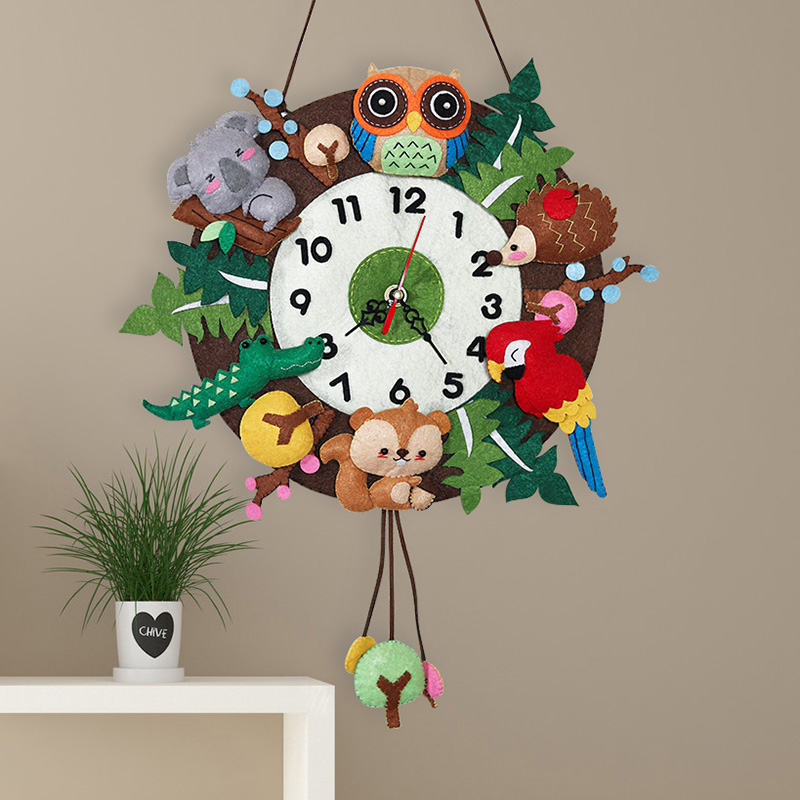 不织布儿童diy森林挂钟创意钟表手工布艺制作材料包卡通动物挂饰