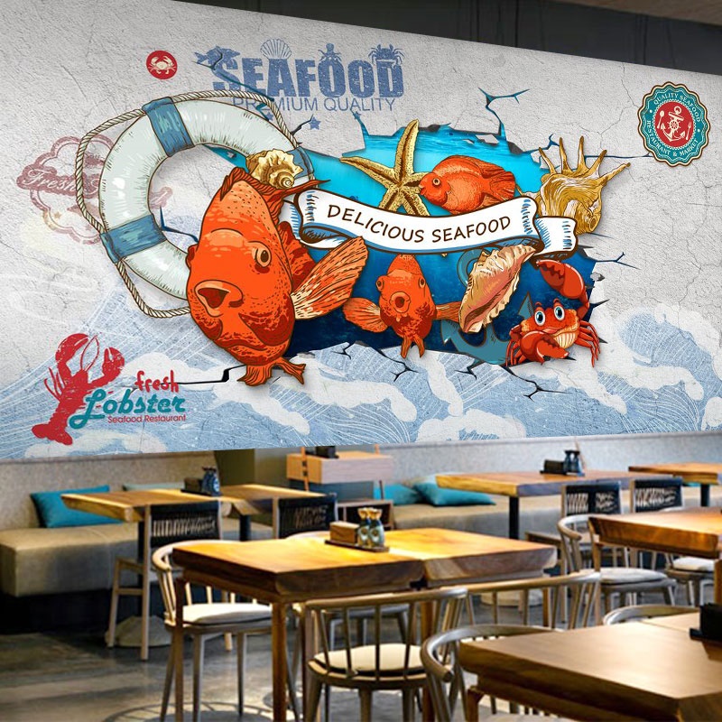 海鲜壁纸3D立体壁画水产海产背景墙面装饰餐厅饭店海鲜馆装修墙纸