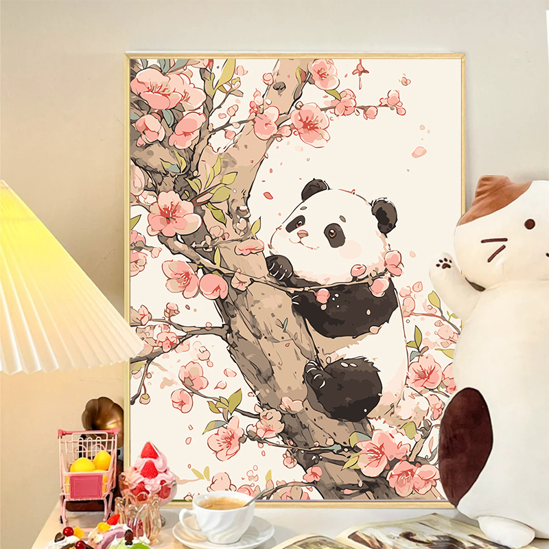 可爱熊猫数字油画diy填充填色手工绘卡通桃花卉丙烯油彩画装饰画