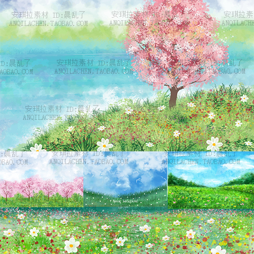 意境绘画风童话场景春天花丛植物草丛樱花树风景插画背景AI矢量图