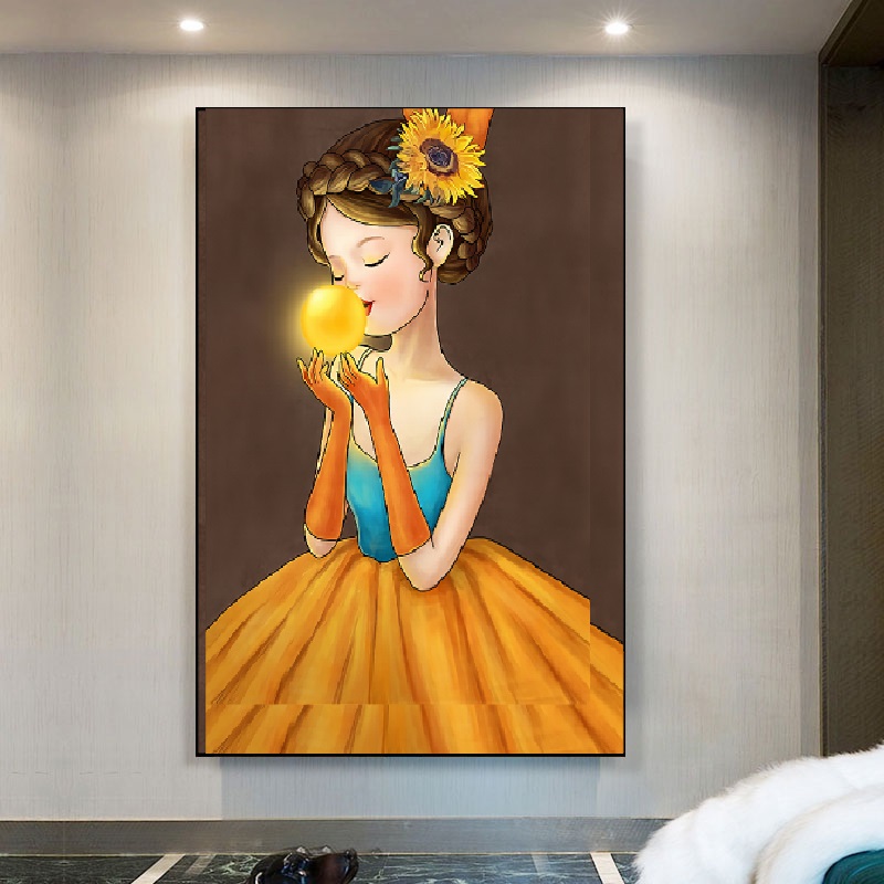 美少女吹泡泡女孩人物橙色装饰画太阳花菊花女孩卧室背影餐厅挂画