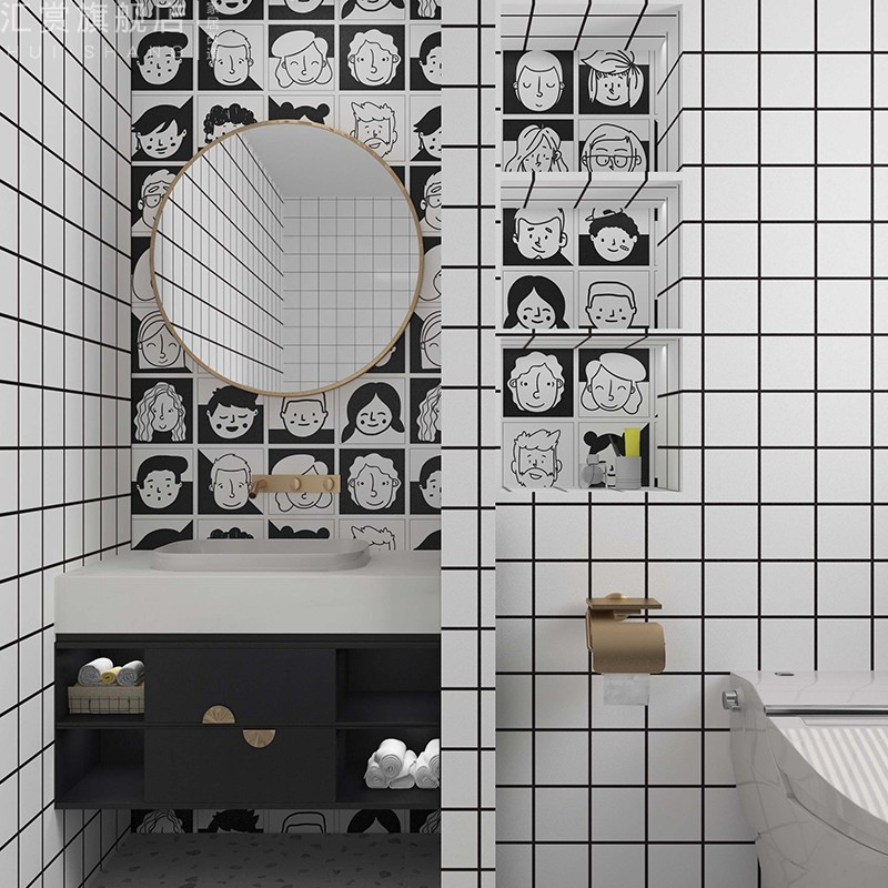 浴室防水贴纸卫生间墙贴黑白动漫墙纸漫画头像壁纸卡通瓷砖贴自粘