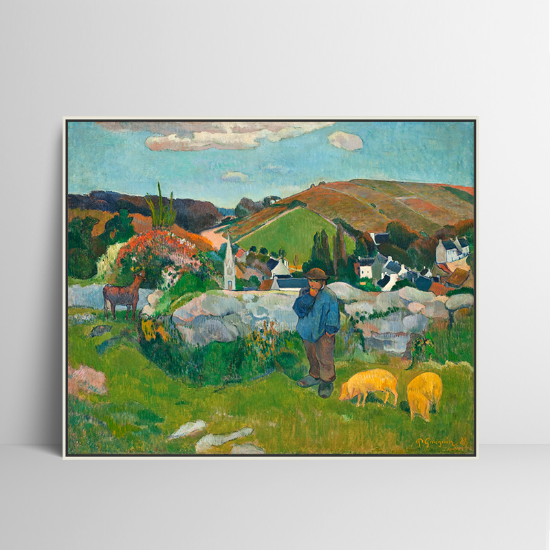 布列塔尼的猪倌 高更油画布喷绘风景挂画客厅卧室沙发背景装饰画