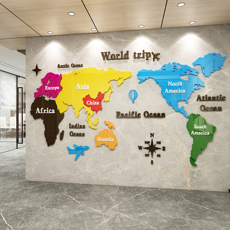 办公室墙面装饰企业文化氛围布置司进门形象世界地图3d立体背景贴