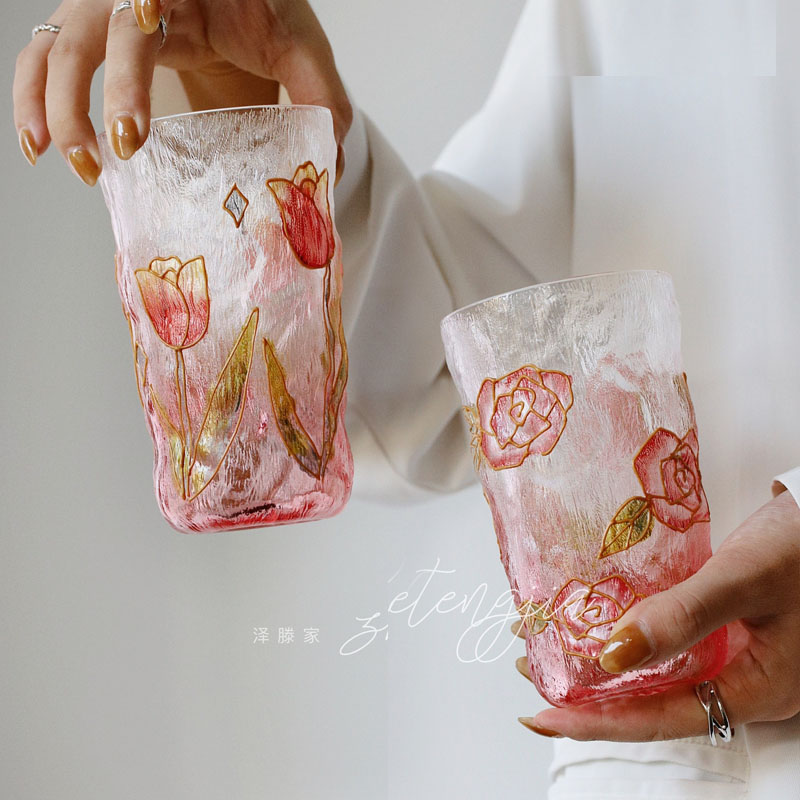 泽滕家杯子手绘玫瑰花朵彩色玻璃喝水好看的送闺蜜礼物女生高颜值