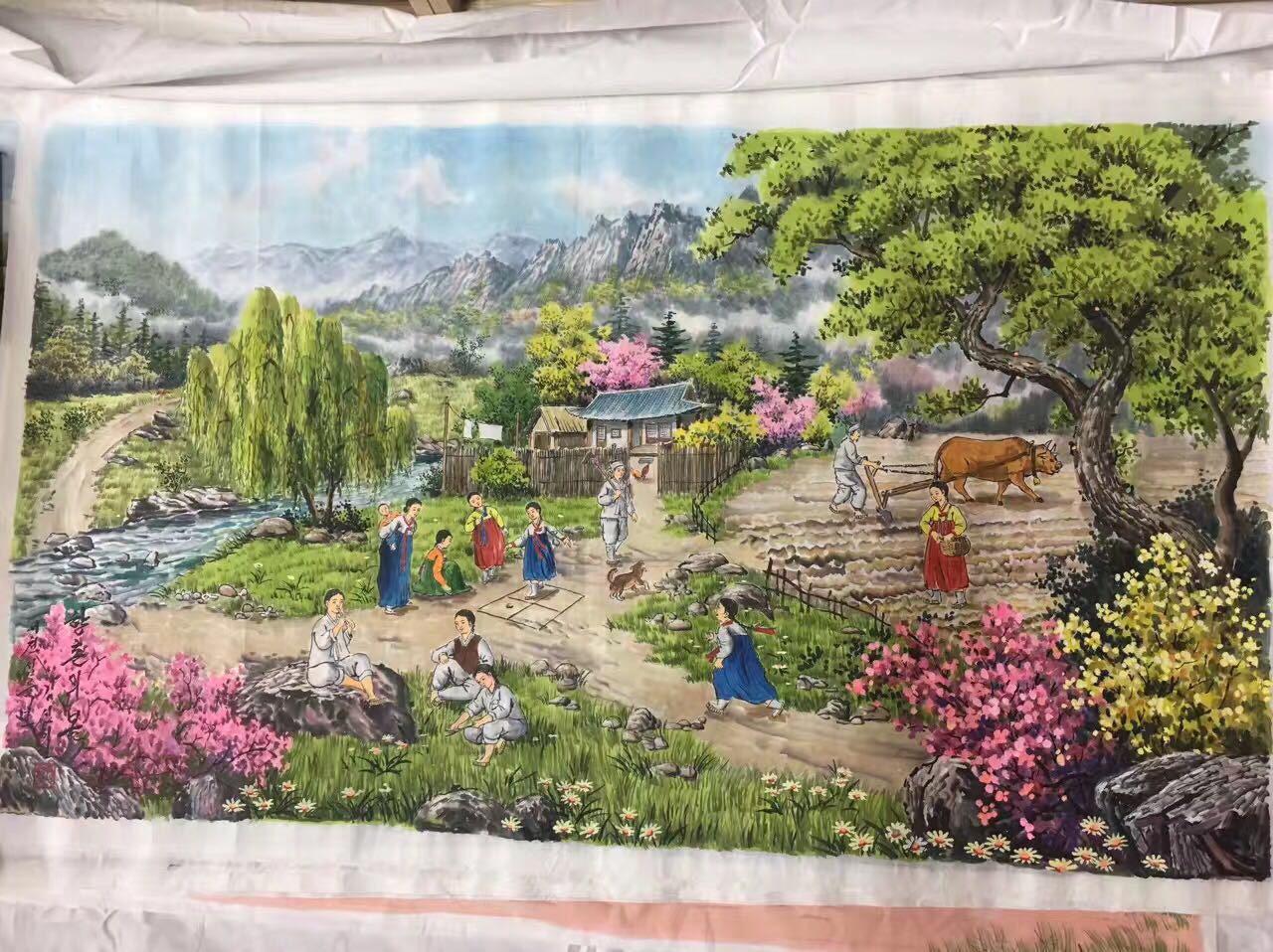 北朝鲜画民俗工艺手工宣纸质水墨画装饰画