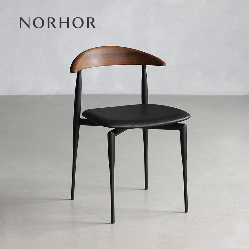 北欧表情/RON核桃木餐椅/意式简约复古铁艺皮面牛角椅靠背办公椅K