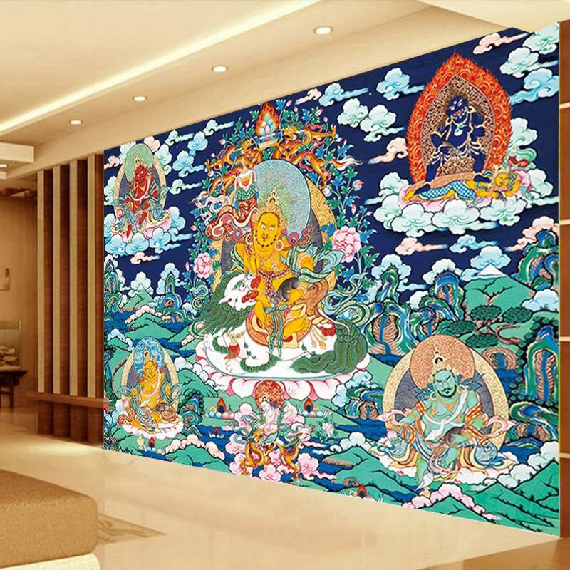 唐卡黄财神壁纸玄关背景墙贴西藏传佛像菩萨佛系客厅墙纸壁画