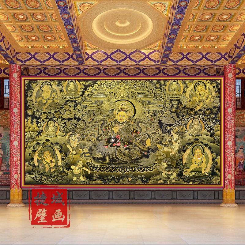唐卡黄财神壁纸玄关背景墙贴西藏传佛像菩萨佛系客厅墙纸壁画定制