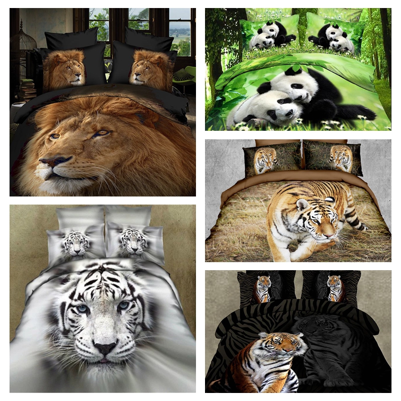 3D立体动物四件套霸气熊猫老虎狮子床上用品床单被套个性豹子黑色