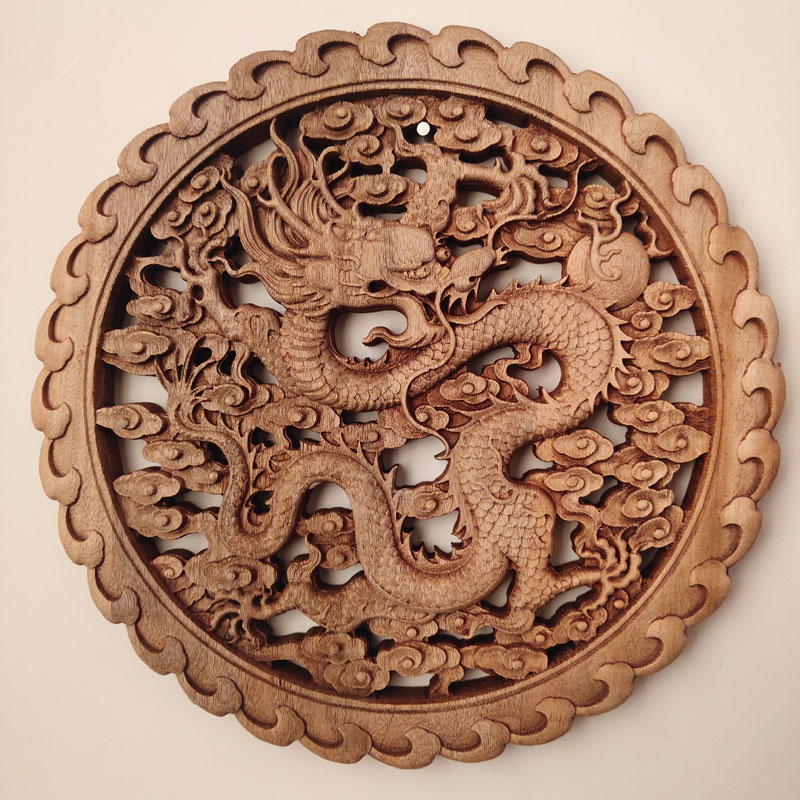 新中式东阳木雕香樟实木头雕刻工艺品挂件圆形客厅玄关壁挂装饰画