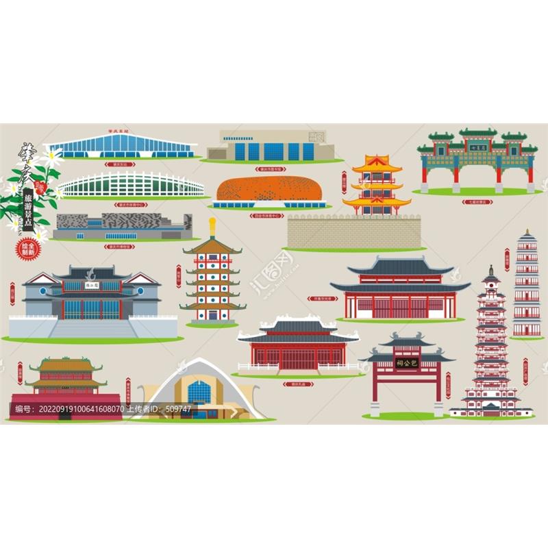 D336广东肇庆市AI矢量地标旅游建筑海报设计线稿城市剪影手绘插画