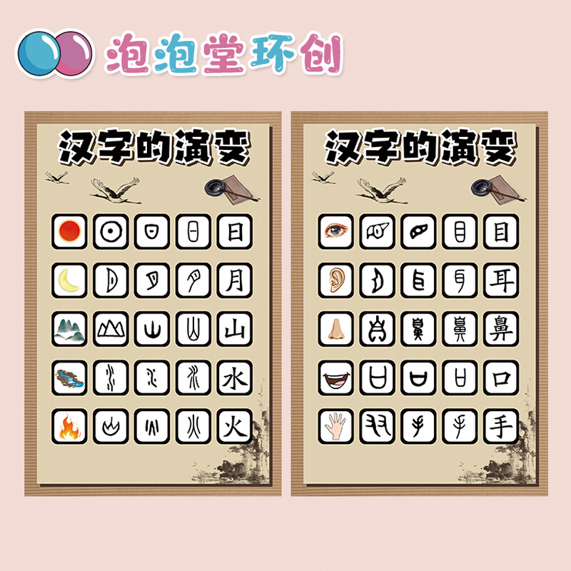 幼儿园阅读区环创中国汉字文字的发展甲骨文象形演变过程图画贴纸