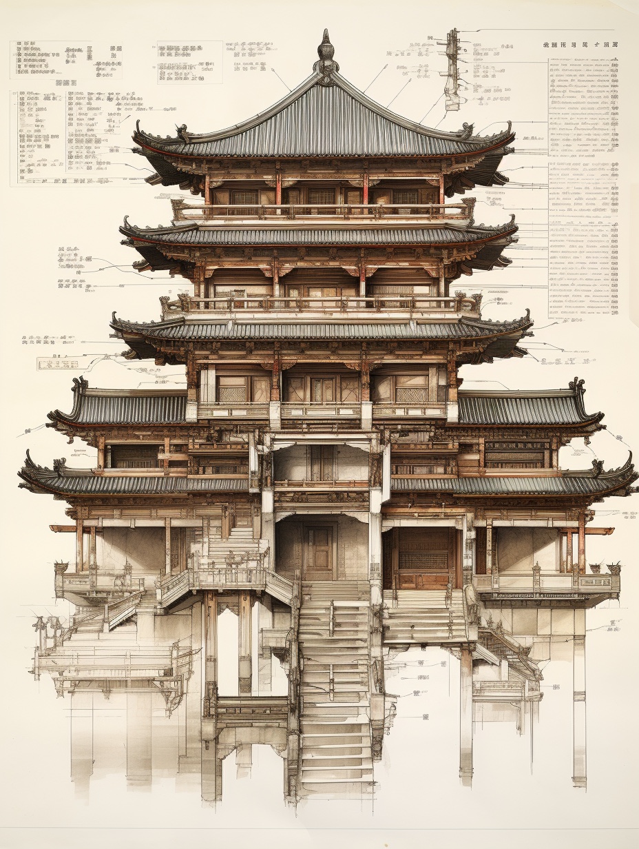 中国古代建筑图纸midjourney咒语ai咒语 木雕 榫卯结构宫殿楼阁
