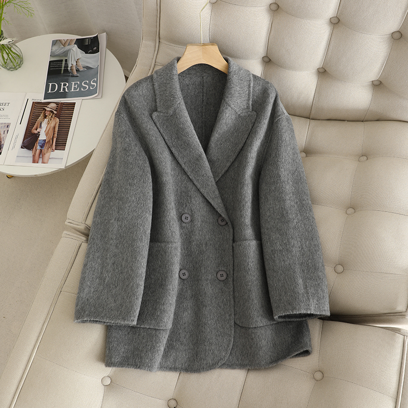 灰色西装式双面呢大衣女韩版气质宽松百搭短款小个子流行毛呢外套
