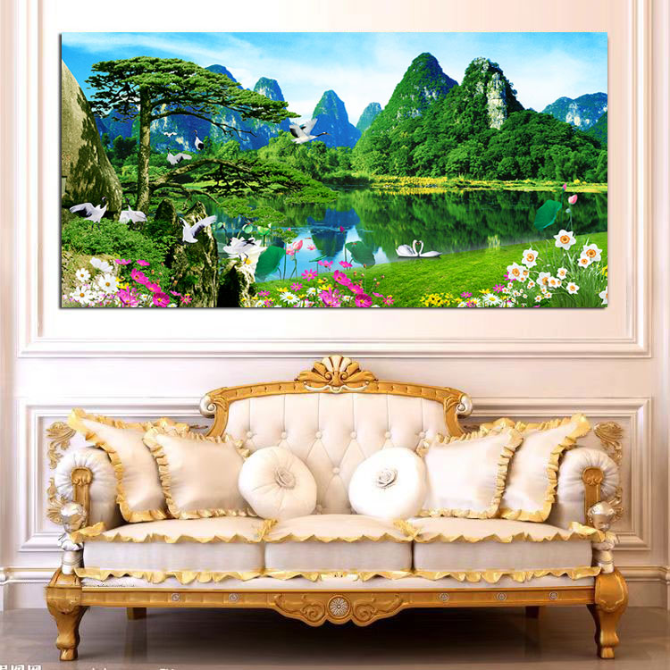 桂林山水漓江风景图沙发迎客松挂画自然风光客厅玄关背景装饰画P3