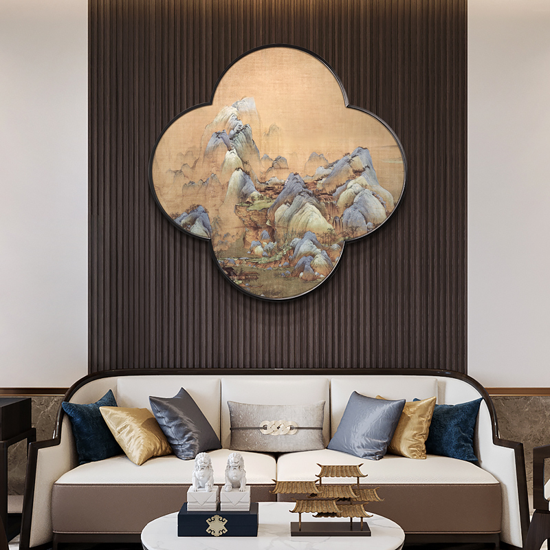 新中式千里江山图客厅背景墙面挂画玄关梅花形装饰画酒店过道挂画