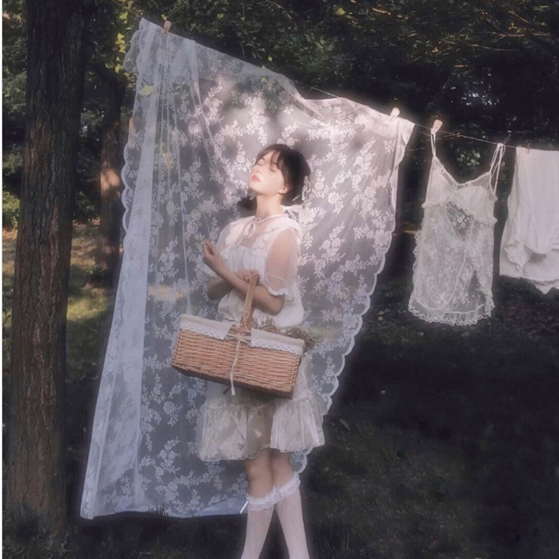 婚纱摄影道具影楼外景ins法式浪漫白色蕾丝纱帘野餐旅拍照背景布