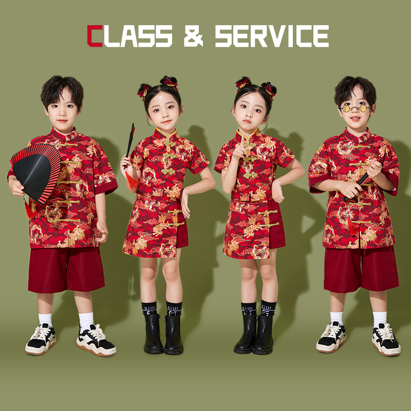 六一儿童啦啦队演出服中式唐装男童表演服女童汉服诗歌朗诵舞台服